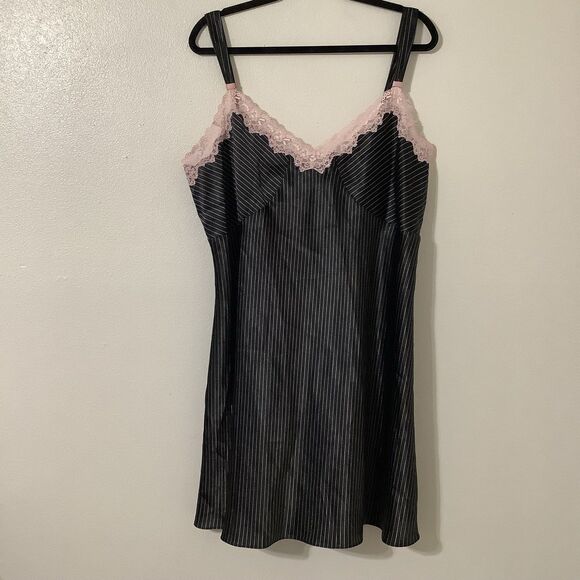 Vintage Y2K Office Siren Pinstripe Coquette Dollette Pink Lace Slip Dress 1X - Picture 1 of 8